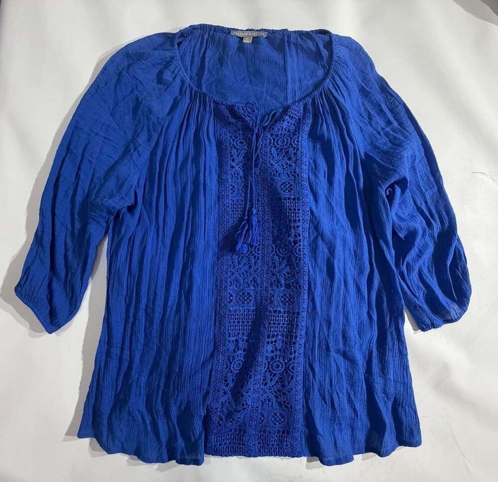 Valerie Stevens Blue Crochet Lace Trim Boho Blouse Womens 2X